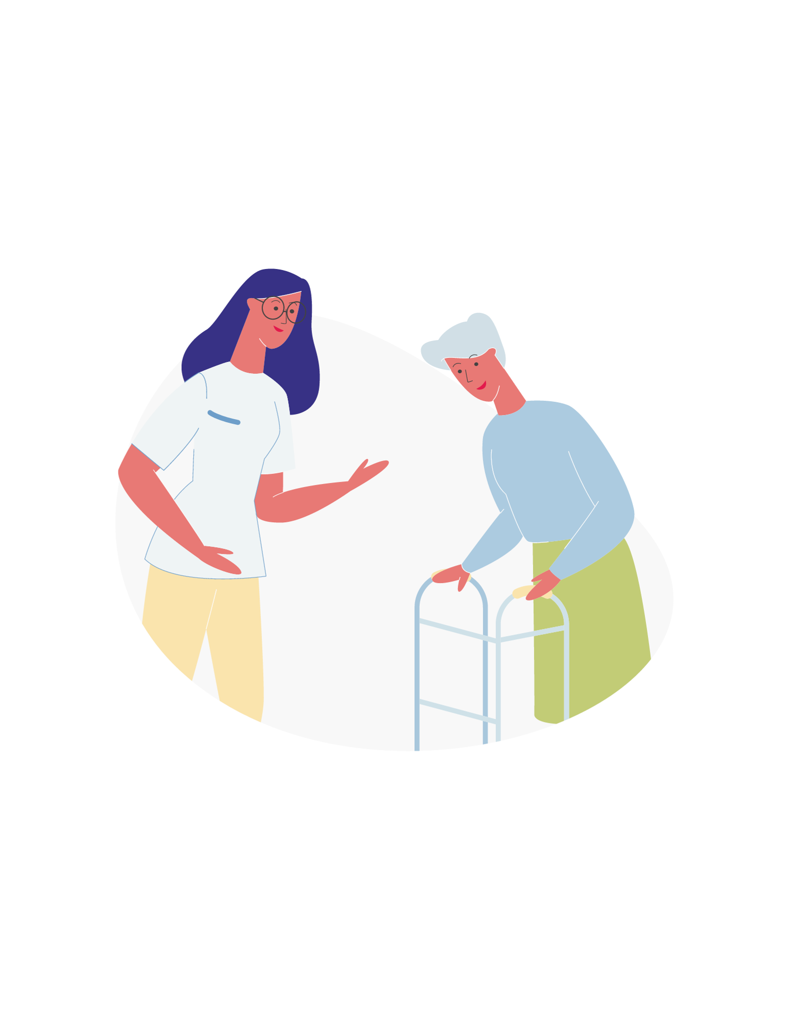 Illustration of a caretaker and an elderly woman with a walker.